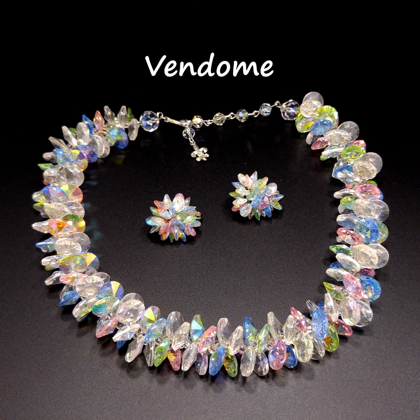 Vendome Pastel Lucite Beaded Necklace & Earrings, Aurora Borealis, 1960s Vintage Jewelry