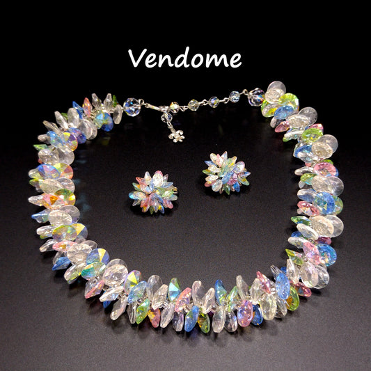 Vendome Pastel Lucite Beaded Necklace & Earrings, Aurora Borealis, 1960s Vintage Jewelry