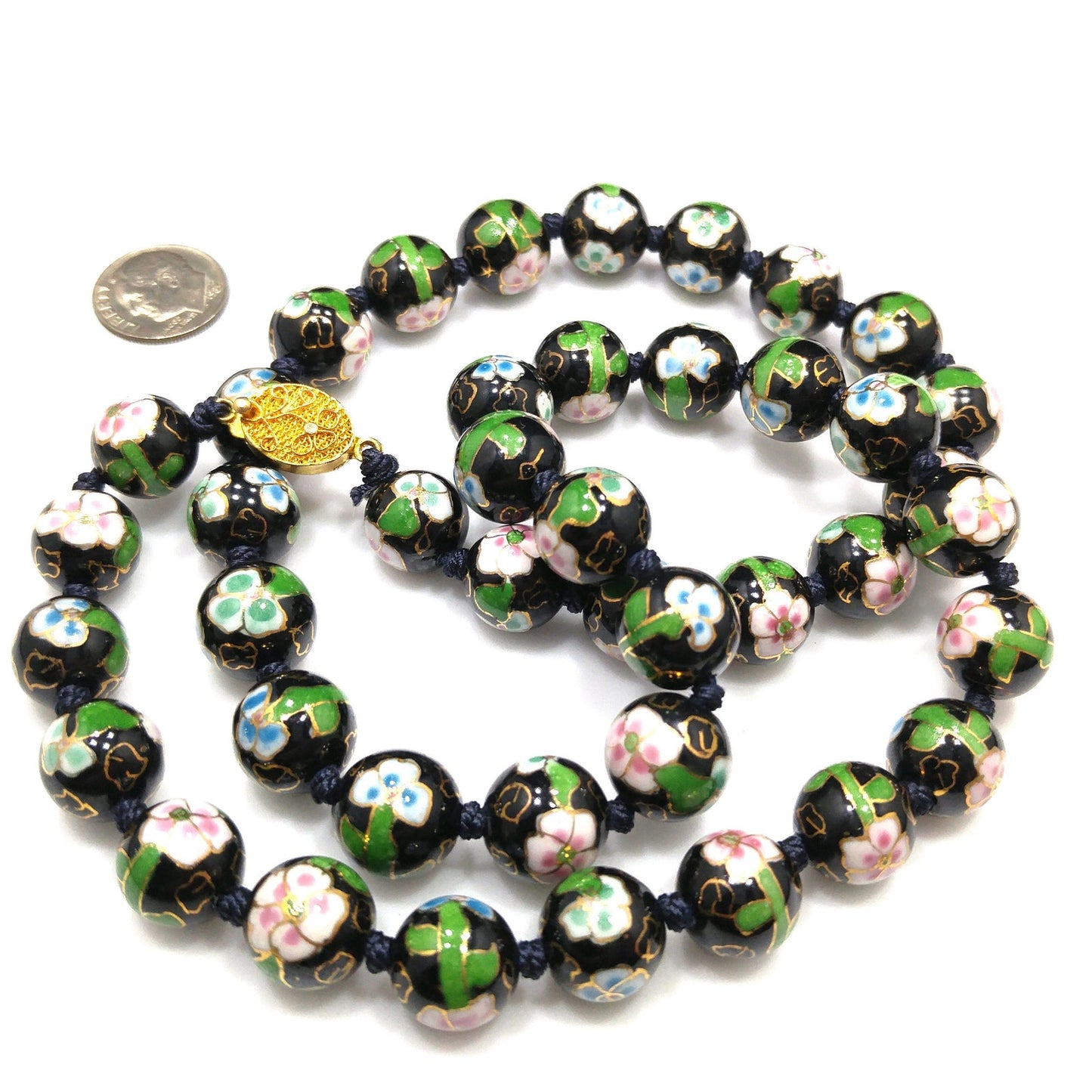 Vintage Black Cloisonné Floral Beaded Necklace, Pink Green Flowers, 1960s Vintage Jewelry