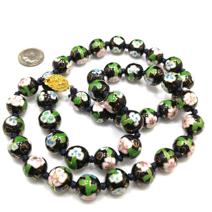 Vintage Black Cloisonné Floral Beaded Necklace, Pink Green Flowers, 1960s Vintage Jewelry