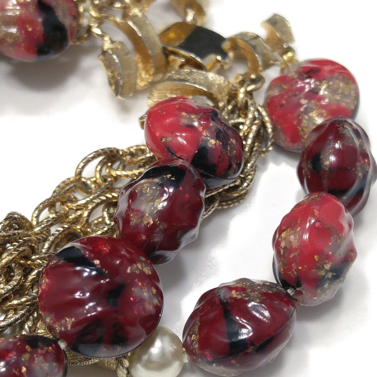 Kramer Red Thermoset Beaded Bracelet & Earrings, 22K Gold Plated Bracelet, 1940s Vintage Jewelry