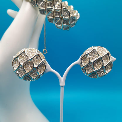 Vintage Kramer Bracelet Clip Earrings Set, Clear Rhinestones, Rhodium Plated, 1960s Jewelry