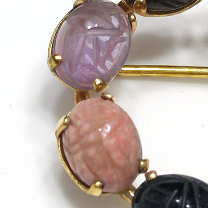 C. C. Gemstone Eight Scarab Brooch, 12K Gold Filled, Garnet Jadeite Quartz, 1950s Vintage Jewelry