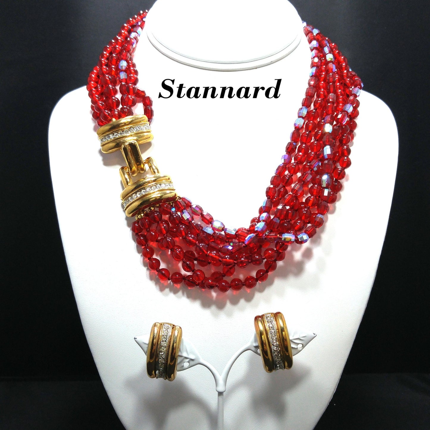 Vintage Stannard Red Glass Bead Necklace Earrings Set Gold Rhinestone Clasp 1970s