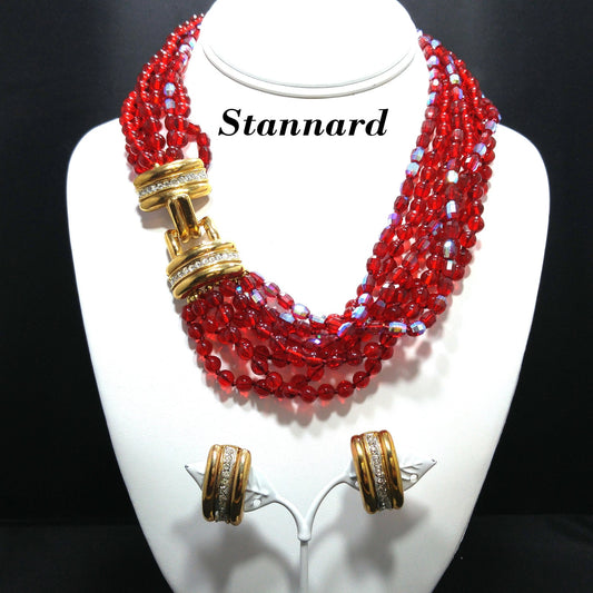 Vintage Stannard Red Glass Bead Necklace Earrings Set Gold Rhinestone Clasp 1970s