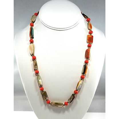 Castlecliff Abalone Beaded Necklace, Orange Glass Beads, Gold Plated Abalone Clasp, 1960s Vintage Jewelry