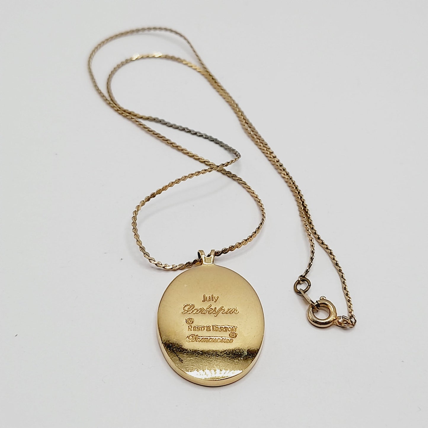 Vintage Reed & Barton Damascene July Larkspur Pendant Necklace Floral Birth Flower