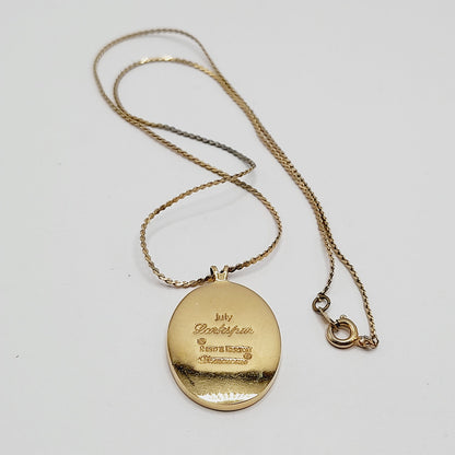 Vintage Reed & Barton Damascene July Larkspur Pendant Necklace Floral Birth Flower