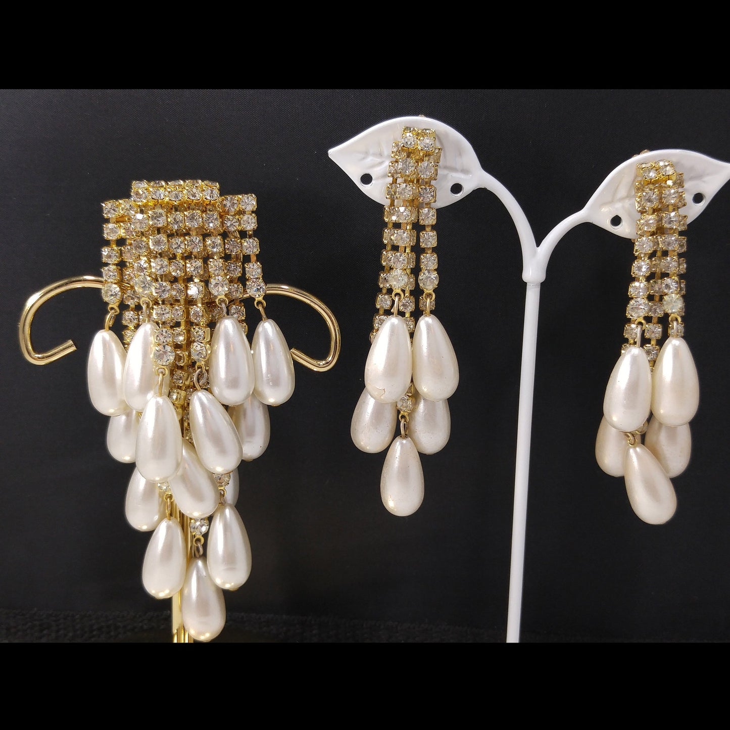 Vintage Rhinestone Gold Plated Brooch & Earrings, Faux Pearls, 1970s