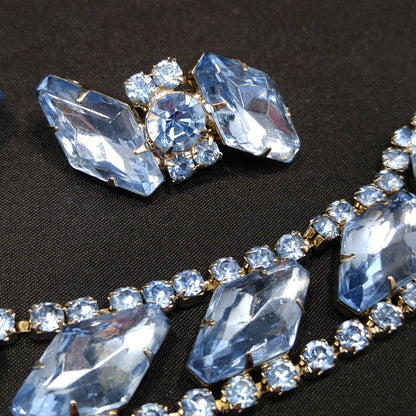 Light Blue Rhinestone Bracelet & Clip Earrings, Rhodium Plated, Ear Climbers, 1960s Vintage Jewelry