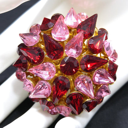 Red & Pink Domed Rhinestone Brooch, Gold Plated Filigree Backing, 1950s Vintage Jewelry