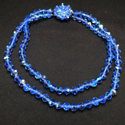 Vintage 1950s Aurora Borealis Blue Crystal Beaded Two-Strand Choker Necklace – Rhinestone Clasp