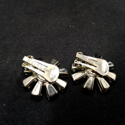 Vintage 1950s Weiss Light Blue Rhinestone Clip Earrings Rhodium Floral Design