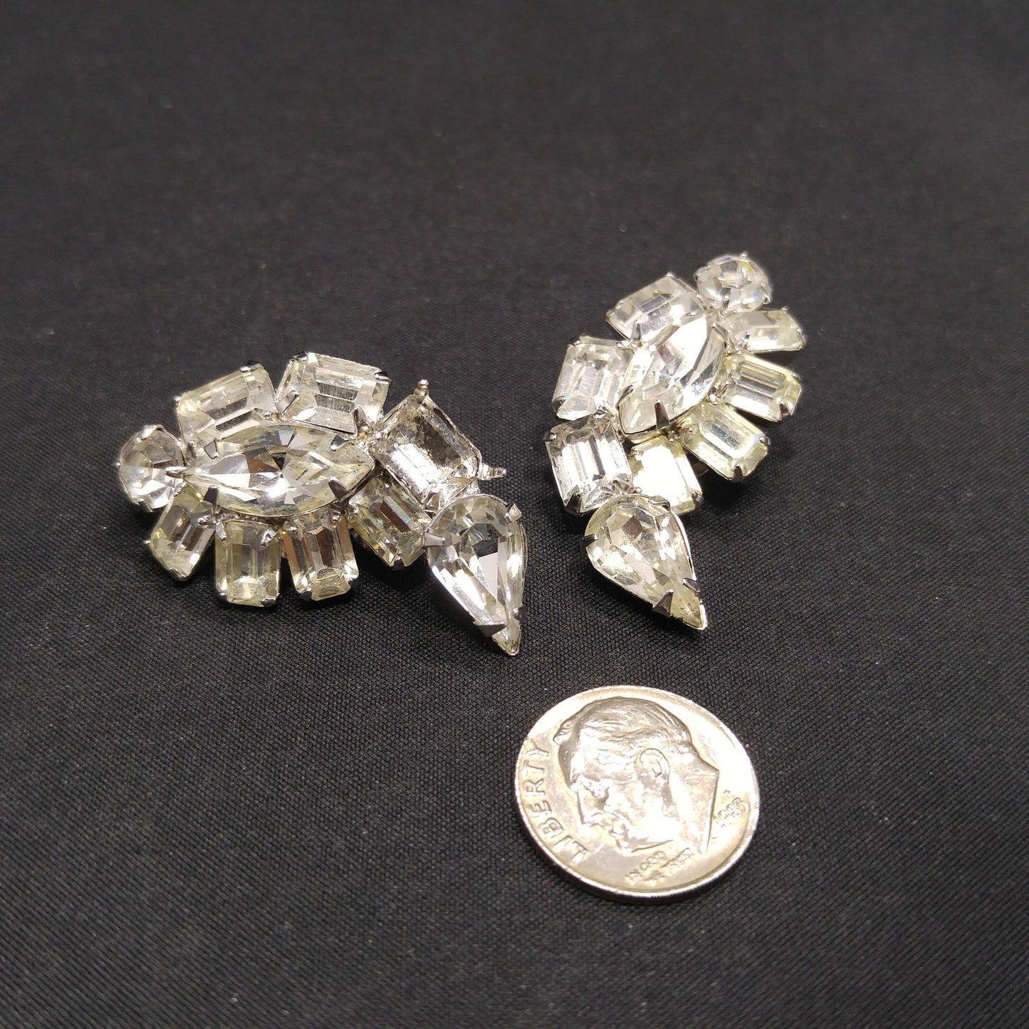 Kramer Clear Rhinestone Clip Earrings, Rhodium Plated, Wedding Earrings, 1950s Vintage Jewelry