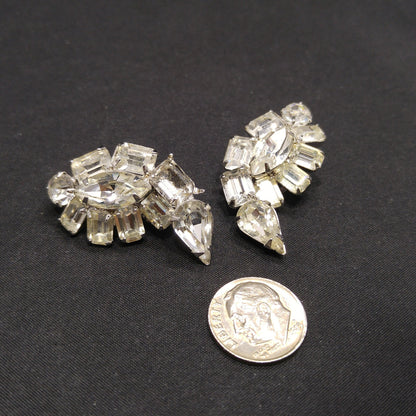Kramer Clear Rhinestone Clip Earrings, Rhodium Plated, Wedding Earrings, 1950s Vintage Jewelry