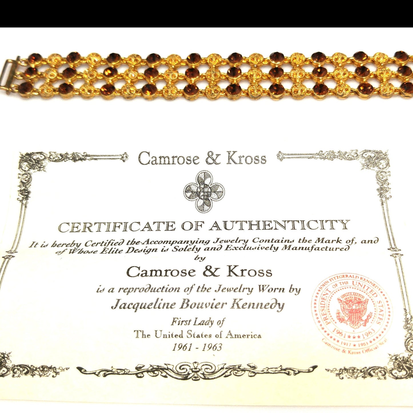 Jackie Kennedy JBK Bracelet by Camrose & Kross, Topaz Rhinestone, COA