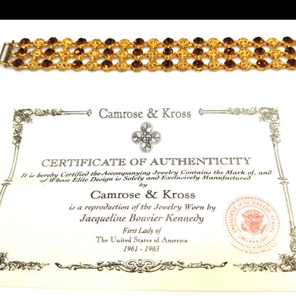 Jackie Kennedy JBK Bracelet by Camrose & Kross, Topaz Rhinestone, COA
