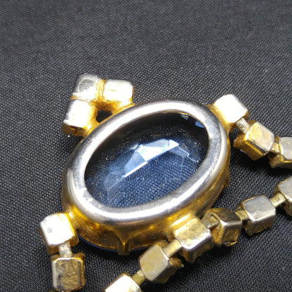 Large Blue & Pink Rhinestone Necklace, Gold Plated, 1950s Vintage Jewelry