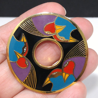 Laurel Burch "Birds of Santorini" Brooch, Cloisonné & Enamel, 1980s Vintage Jewelry