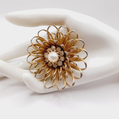 Vintage 1950s Gold Tone Floral Brooch, Faux Pearl Rhinestone Center, Mid-Century Jewelry