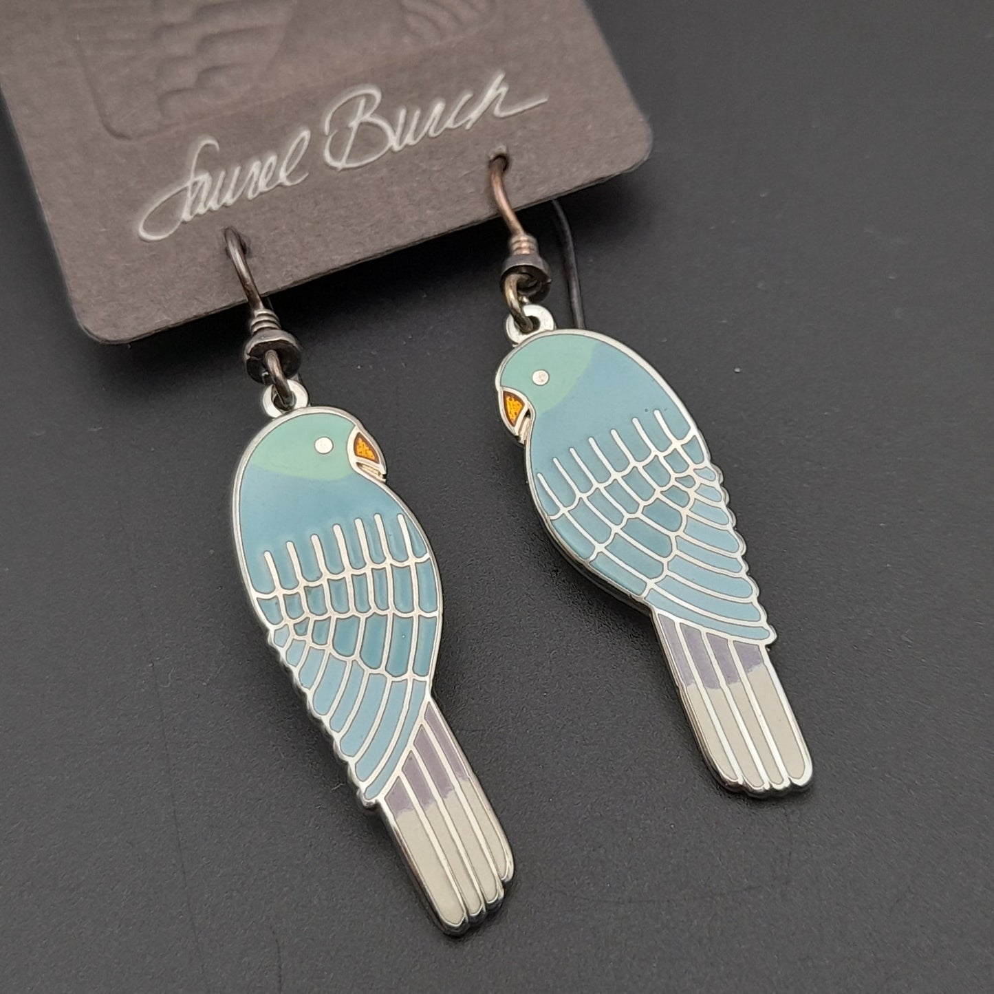 Vintage Laurel Burch Lorikeets Light Blue Enamel Rhodium Plated 1988 Earrings - Silver Plated Earwires - Original Card