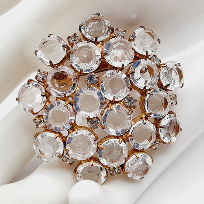 Vintage Clear Crystal Bezel Set Brooch Gold Tone Prong Setting Pin – 2”