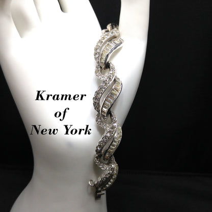 Kramer of New York Clear Rhinestone Bracelet, Rhodium Plated, Safety Chain, 1950s Vintage Jewelry