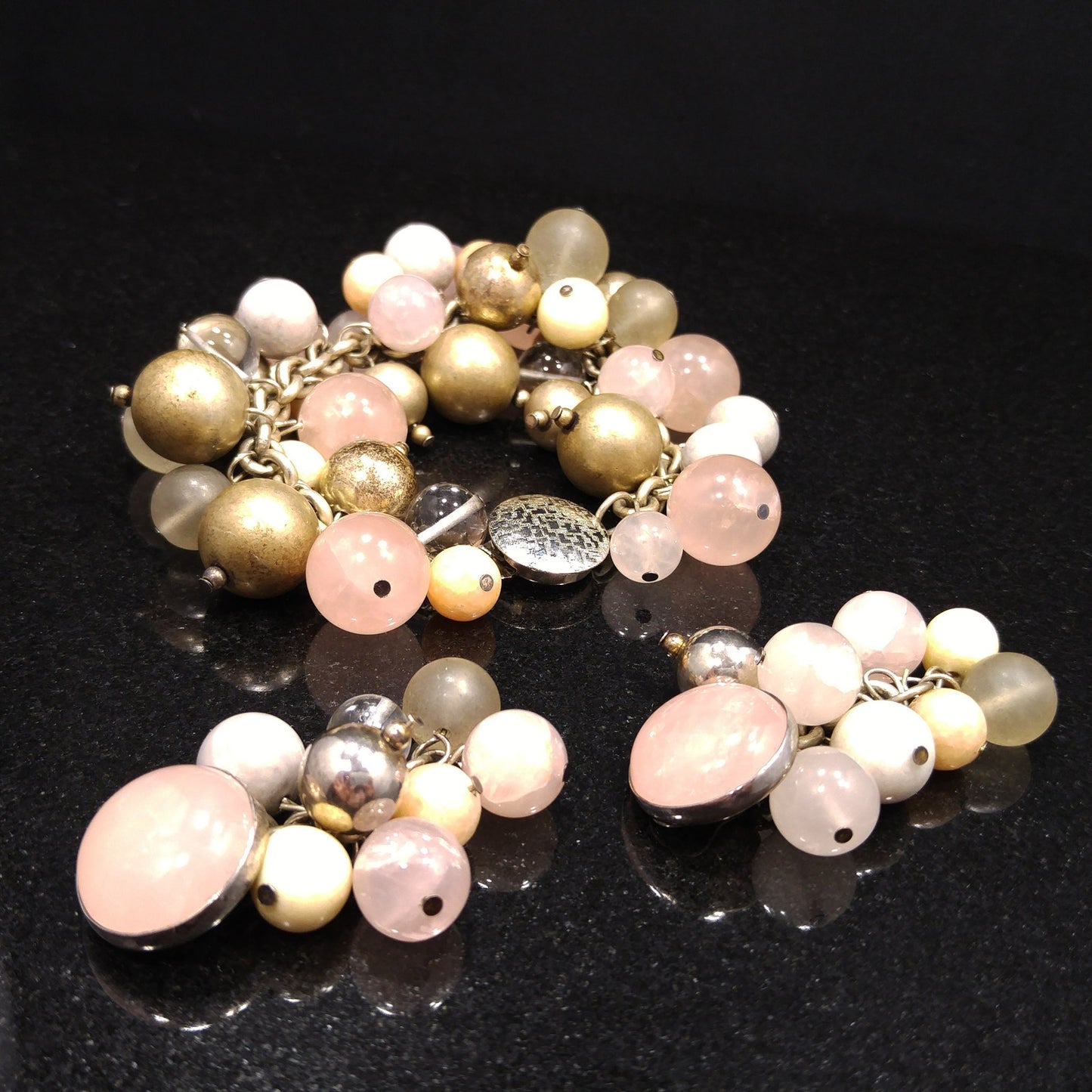 Susan Cummings Beaded Clip Earrings & Bracelet, Sterling Silver, Gemstone Beads