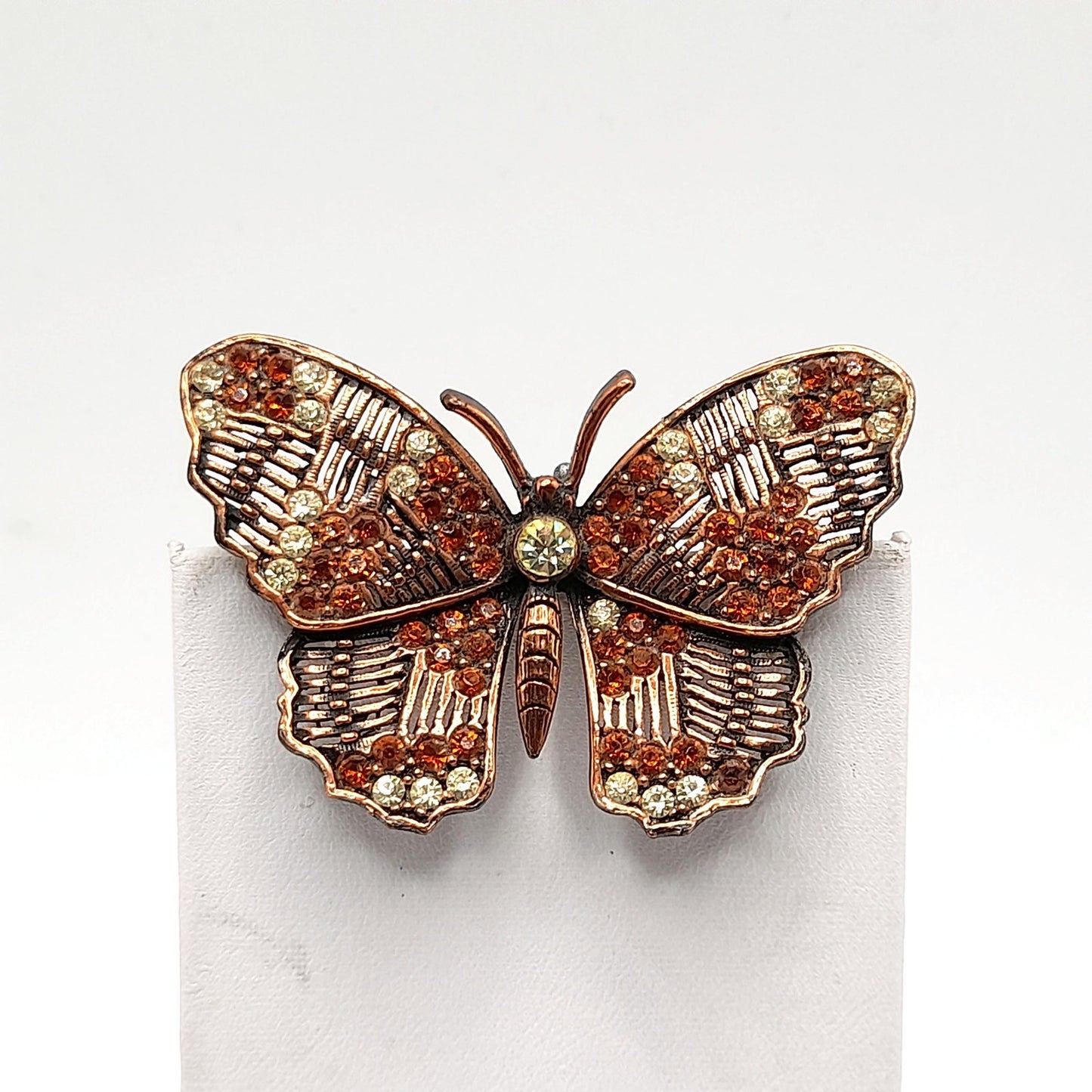 Vintage Weiss Butterfly Brooch, Copper Plated, Clear Orange Rhinestones, 1960s