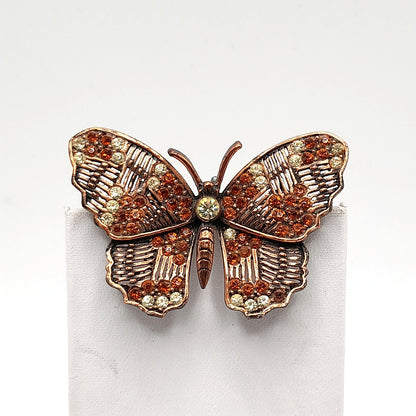 Vintage Weiss Butterfly Brooch, Copper Plated, Clear Orange Rhinestones, 1960s