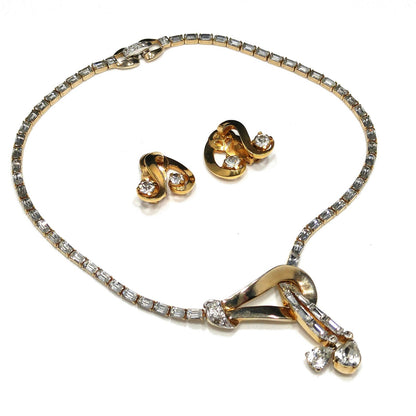 Mazer Rhinestone Choker Necklace & Earrings, Gold Plated, 1940s Vintage Jewelry