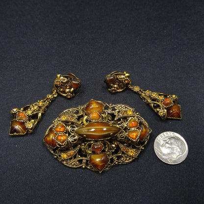 Filigree Topaz Art Glass Brooch & Clip Earrings, Dangle Earrings, 1950s Vintage Jewelry