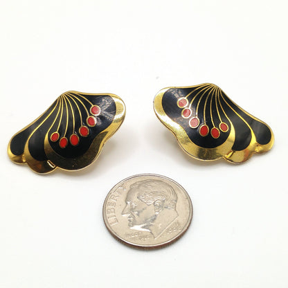 Laurel Burch "Le Fleur" Clip Earrings, Black Red Enamel, Gold Plated, 1980s