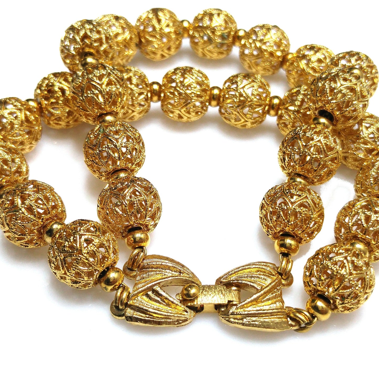 Monet Filigree Beaded Two Strand Bracelet, Gold Plated, Strung on Chain, 1960s Vintage Jewelry