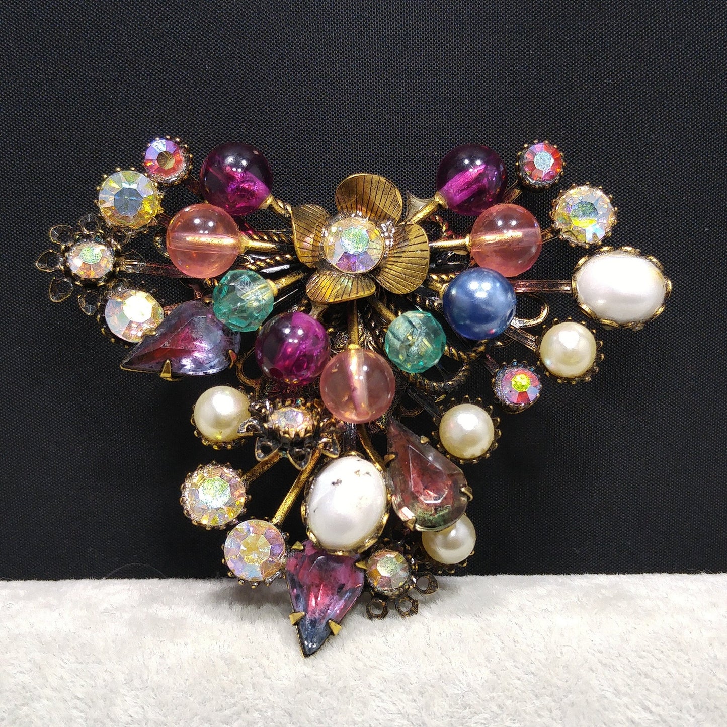 Mid-century Floral Beaded Riveted Brooch, Rhinestones Beads Prongs, 1950s Vintage Jewelry