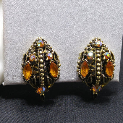 Light Topaz AB Rhinestone Leaves Brooch Earrings Set, 1970s Vintage Jewelry