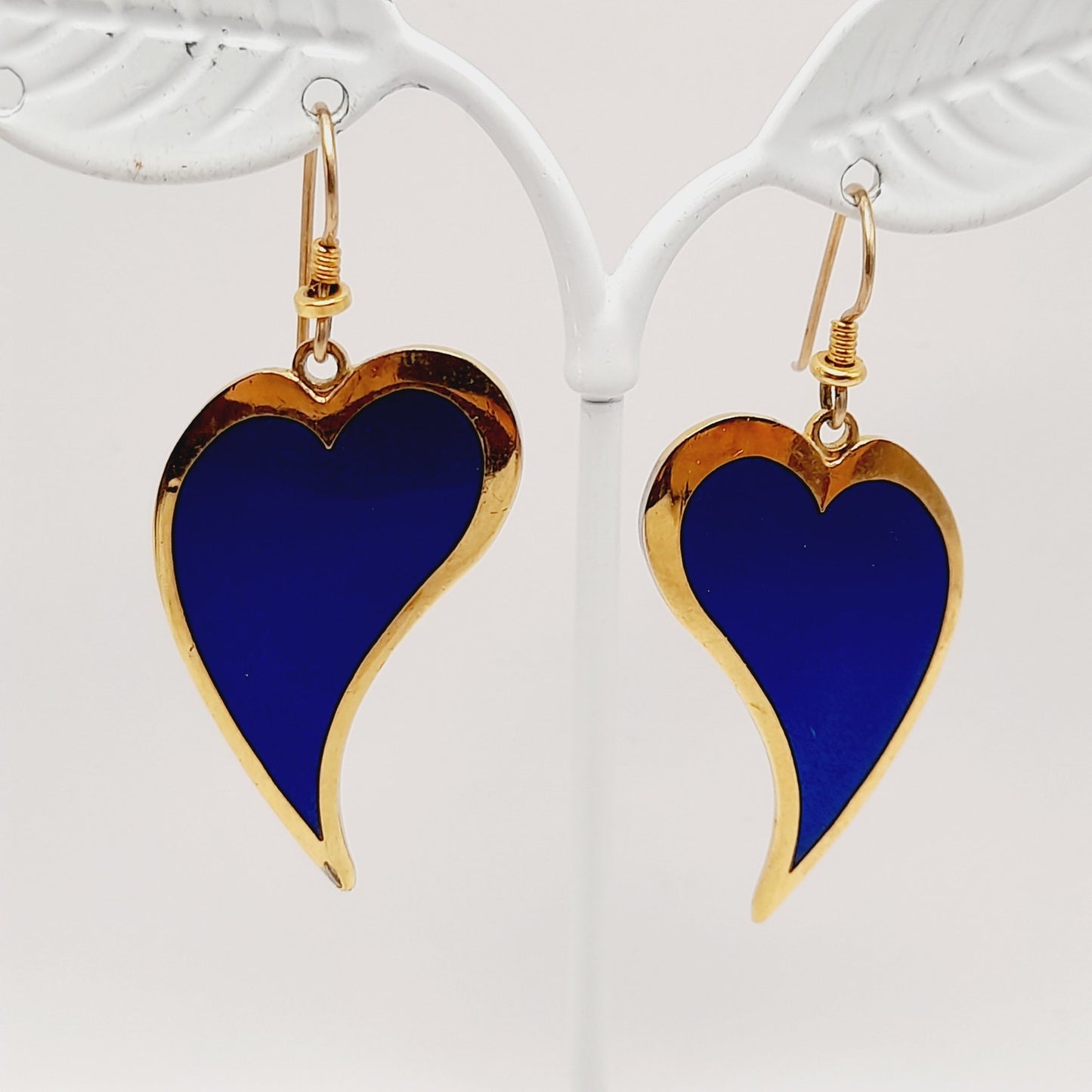 Vintage Laurel Burch Heart Dangle Earrings, Blue Enamel, Gold Plated, 2 Inches