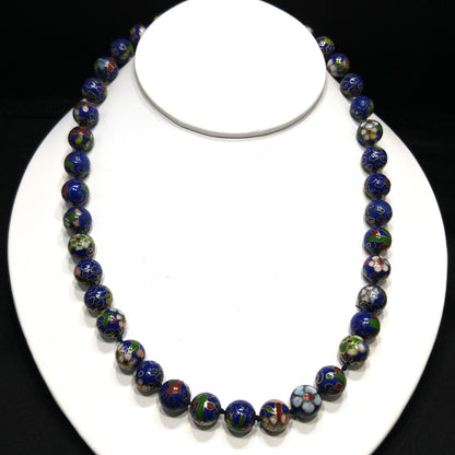 Cloisonne Blue Beaded Necklace, Floral Hand Painted Beads, 1960s Vintage Jewelry