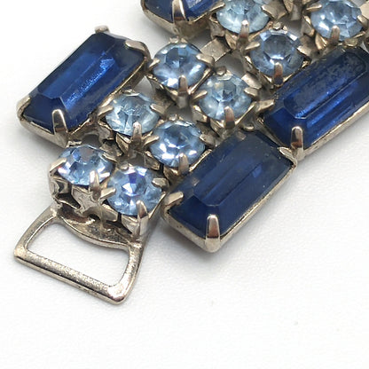 Blue Rhinestone Wide Bracelet, Darker Lighter Blue, Mid-Century, 1950s Vintage Jewelry
