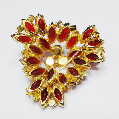 Red Art Glass & Rhinestone Brooch, Gold Plated, Juliana Style, 1960s Vintage Jewelry