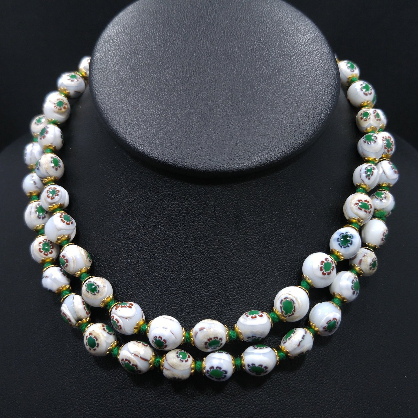 Vintage 1960s Hand Painted Floral Beaded Necklace – Green & Red Flowers – 28 In