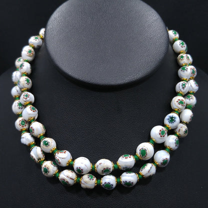 Vintage 1960s Hand Painted Floral Beaded Necklace – Green & Red Flowers – 28 In