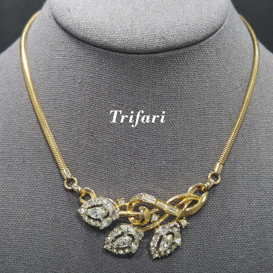 Crown Trifari Rhinestone Pendant Necklace, Snake Chain, 1950s Vintage Jewelry