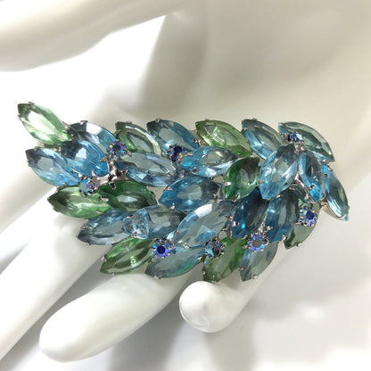 Turquoise & Green Rhinestone Brooch, Rhodium Plated, 1960s Vintage Jewelry