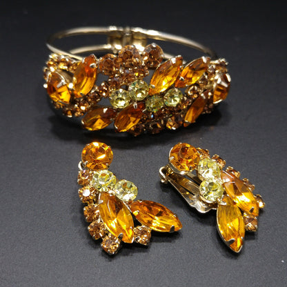 Rhinestone Hinged Bracelet & Earrings, Light Topaz Jonquil, 1960s Vintage Jewelry