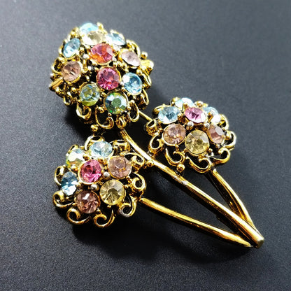 Hollycraft Pastel Rhinestone Floral Brooch, Gold Tone Flower Pin, 1960s Vintage Jewelry