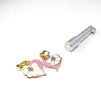 Vintage Laurel Burch "Hibiscus Heart" Clip Earrings, Cloisonne Gold Plated, 1980