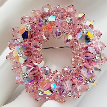 Vintage 1960s Pink Crystal Beaded Brooch Rhinestone Head Pin Accents