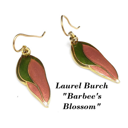 Laurel Burch "Barbee's Blossom" Earrings, Green & Dusty Pink, Gold Plated, 1980s