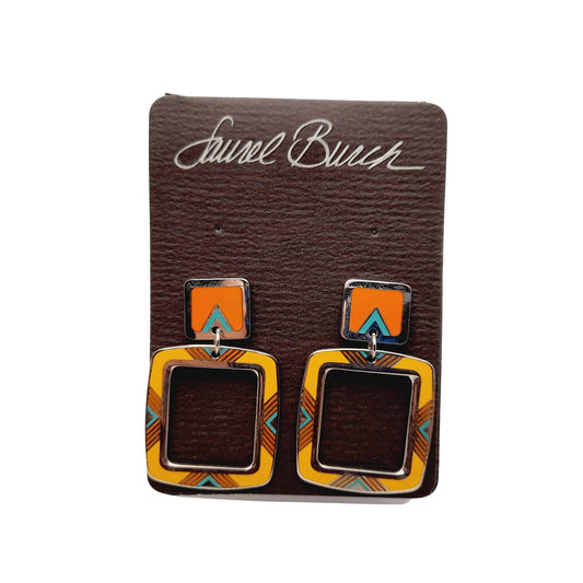 Vintage 1988 Laurel Burch Geometric Yellow Orange Enamel Post Earrings on Original Card